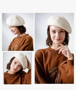 Wool Beret Hats for Women Winter Tam Hat - Solid Color Classic One Size White - Picture 1 of 8