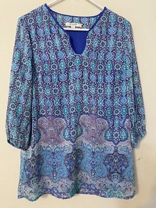 LIZCLAIBORNE New York Lined Tunic Keyhol 3/4 Sheer Sleeves Boho Hip Hippie Small - Picture 1 of 12
