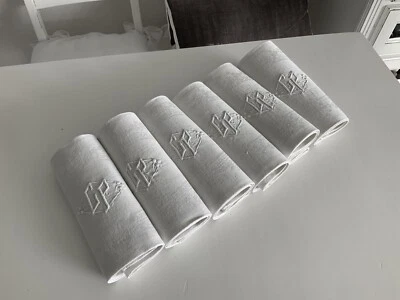 Linge Ancien 6 Serviettes De Mariage Damassé Soie Brodé Monogramme CP - Photo 1/4