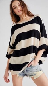 FREE PEOPLE Tee sweater jumper Harlow cashmere UK XS 6 8 10 Cream Black Striped - Picture 1 of 3