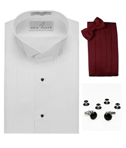 Tuxedo Shirt, Burgundy Cummerbund, Bow-Tie, Cuff Links & Studs #901 - Picture 1 of 1