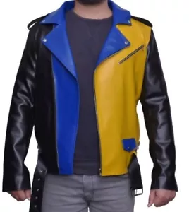 Gothic handmade Men's Block Print Moto Style Faux Leather Jacket - Blue/Yellow - Picture 1 of 5