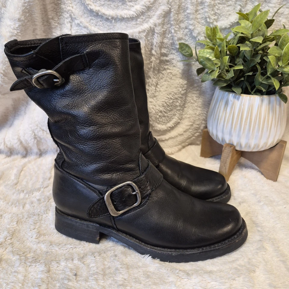Frye Veronica Black Leather Boots Slouchy Western Moto Mid-calf Women's Sz 6 - Image 1 of 4