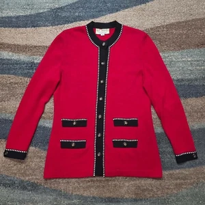 St. John Collection Red Black Knit Cardigan Jacket Sz 4 Marie Gray USA - Picture 1 of 8
