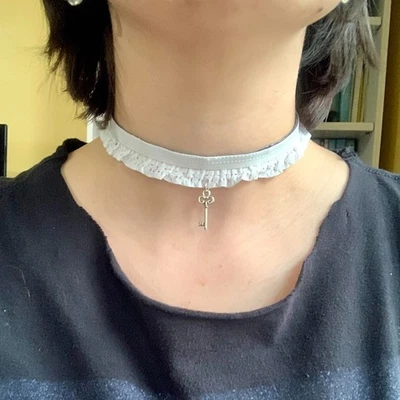 Cute Reversible White and Blue Choker Necklace with Long Key Charm - Image 1 of 4