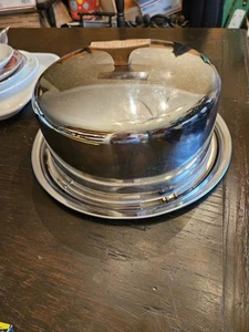 Chrome Cake Carrier Locking Lid Matching Plate Wooden Handle 1950's - Picture 1 of 9