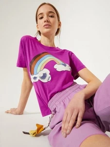 Jazmin Chebar Size M Rainbow T Shirt Voilet Multi Graphic Fun Pima Cotton - Picture 1 of 8