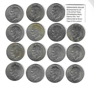 15 Monete Liberty Dollaro Bicentenario Eisenhower 1776-1976 P Tipo 2 Lettere Sottili - Foto 1 di 3