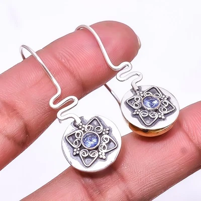 Brinco de dois tons de pedra preciosa tanzanita prata esterlina 925 feito à mão 1,56" E49 - Imagem 1 de 4