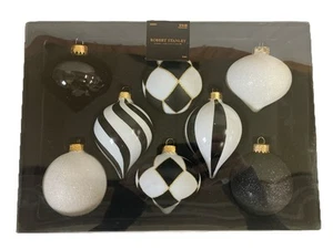 Robert Stanley Black & White Glass Christmas Ornament Boxed Set of 8 New - Picture 1 of 14
