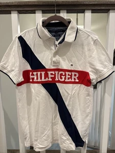 Vtg Tommy Hilfiger Short Sleeve Mens M Polo Spellout Red White Blue V Neck - Picture 1 of 7