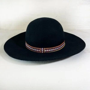 Black 100% Wool Wide Brim Hat Women's World Market Southwestern Band - Picture 1 of 6