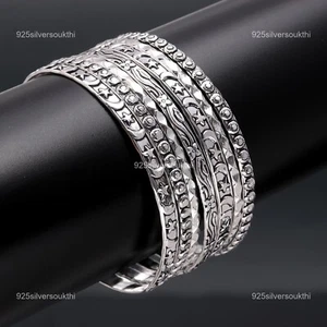 925 Sterling Silver Set Of 7 Hand Crafted Bangles Sister Birthday Bangle Jewelry - Picture 1 of 8