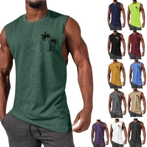 Men Tank Top Workout Muscle Sports Beach Vacation With Palm Tree Embroidery - Picture 1 of 15