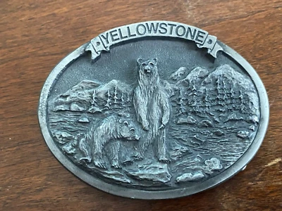 Yellowstone Bears Mountains 1990 Colorado Silver Star Belt Buckle Made in USA - Image 1 of 4