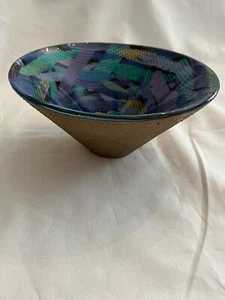 Unique Textured Decoupage Art Glass Bowl MultiW/ gold Exterior Signed Fiore FRSP - Picture 1 of 9