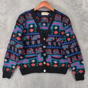 Vtg LL Bean Cardigan Sweater Chunky Wool Knit Womens Medium Aztec Ski Nordic 80s - Picture 1 of 13
