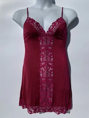 Josie Natori Burgundy  V Neck Spaghetti Strap Lace Babydoll Nightgown Stretch M - Image 1 of 4