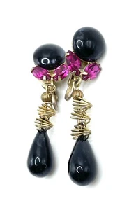 Art Deco Black French Jet Glass Pink Rhinestone Gold Brass Dangle Clip Earrings - Picture 1 of 6