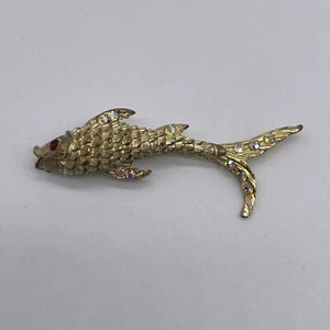 Vintage Gold Tone Aurora Borealis Rhinestone Fish Brooch Pin - Picture 1 of 4