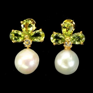 Black Friday 925 Sterling Silver Earrings Peridot 7x5mm Pearl Natural Jewelry - Picture 1 of 13