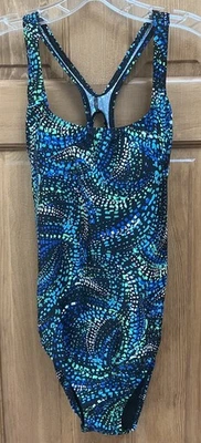 Speedo Mujer Talla 12 Ultraback Negro Azul Blanco Verde Aqua Dots Completamente Forrado Foto 1 de 4