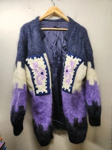 Purple knit Crochet hair Satin Lined embroidered Cardigan Large Oversized Open - Picture 1 of 14
