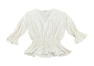 Zara Boho Eyelet Peplum Top Smocked Waist Sleeves Off White Womens Size Small - Picture 1 of 3
