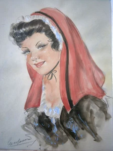 Dessin Portrait femme Pin-up 1950 déco Vintage XX°s Ancien N°1 - Imagen 1 de 10
