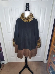 Parkhurst Cape Women OS Faux Fur Leopard Trim Coat Cloak Old Hollywood Glam Chic - Picture 1 of 5