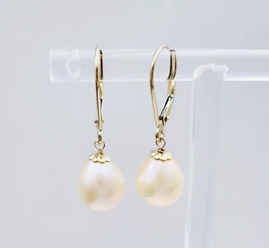 Estate 14K Yellow Gold Leverback Teardrop Peach Pearl Drop Dangle Earrings, 2.5g - Picture 1 of 16