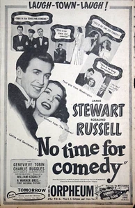 1940 Newspaper Page - Jimmy Stewart in No Time For Comedy Movie Ad - Picture 1 of 2