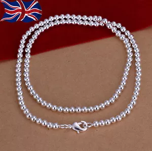 925 Sterling Silver plated Bead Necklace 4mm Ball 19 Inch Ladies Girls Gift UK - Picture 1 of 3