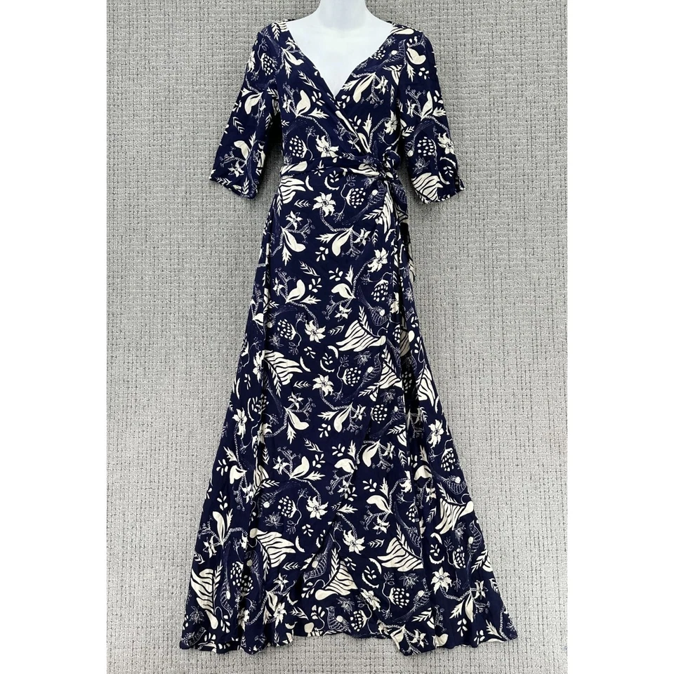 Maxi Vestido Cleobella Para Mujer Talla S Azul Marino Crema Envolvente Corbata Cintura Pájaros Floral Foto 1 de 4
