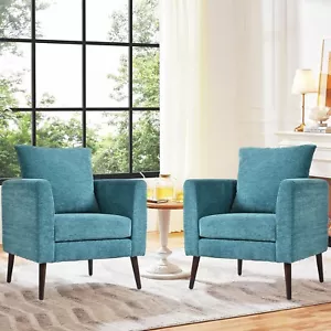 Set of 2 Accent Chair Barrel Arm Chairs for Living Room Bedroom Sturdy Wood Legs - Picture 1 of 12
