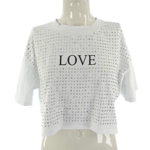 Zara Trafaluc T Shirt Crop Top Embellished Love Stretch Rhinestone Tee Size S - Picture 1 of 10