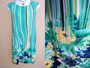 Chico's blue green dress size 1 S M EASTER SPRING wavy stripe floral border USA - Imagen 1 de 11