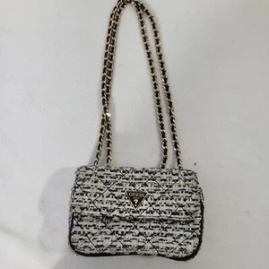 Guess Cessily Satchel Purse Handbag Black And White Gold Chain And Black Strap - Picture 1 of 11