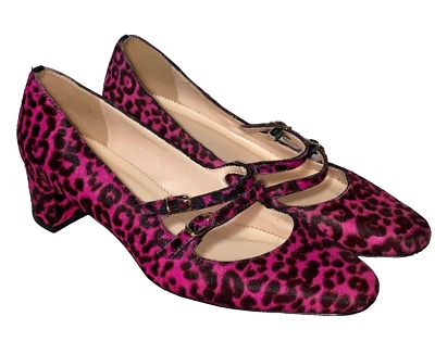 J Crew Talla 9 Kate Mary Jane Tacones Bloque Rosa Leopardo Pelo de becerro AGOTADO Foto 1 de 4