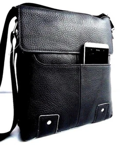 Bolso de hombro de cuero natural genuino Bolso mensajero para hombre Bolso escolar negro R - Imagen 1 de 7