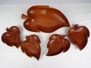 5Pc Serving Bowl Set Solid Wood Hand Crafted USA 13" x 7" Lg Bowl & 4-7"x5" c22 - Imagen 1 de 8
