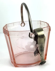 Vintage Pink Glass Ice Bucket With Etched Floral Design & Metal Handle 80 - Picture 1 of 7