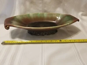VTG Royal Haeger USA Art Pottery, Ebony Footed Console Bowl w/ Green+Brown #358 - Picture 1 of 12