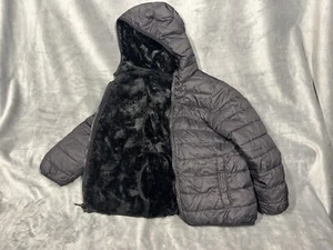 Lands End Black Coat Puffer / Faux Fur Reversible Winter Jacket Medium 8 Girls - Picture 1 of 8