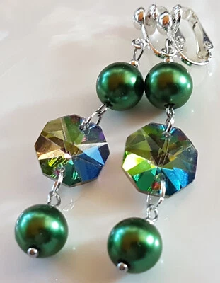 OHRCLIPS  CLIPS VERSILBERT KRISTALL PERLEN GRÜN MEHRFARBIG - Bild 1 von 2