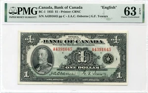 1935 $1 Bank of Canada, ENGLISH, BC-1, Choice Uncirculated, PMG UNC63 EPQ - Picture 1 of 2