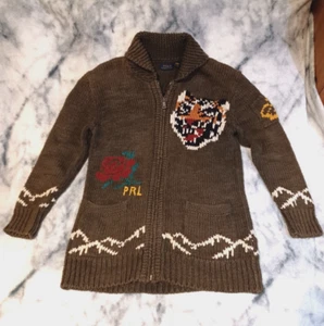 Polo Ralph Lauren Tiger Jumper XS Men Full Zip Thick Heavy Knit Cardigan Rare - Afbeelding 1 van 13