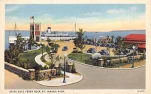 Cartolina MI: State Auto Ferry, St. Ignace, Michigan, lino vintage anni '40 - Foto 1 di 2