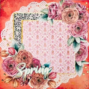 Handmade Pink and Green SPRING Peonies and Sequins 12x12 Premade Scrapbook Page - Picture 1 of 3