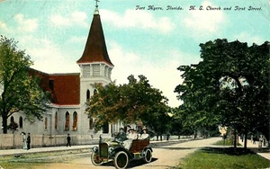 STREET SCENE & M.E. KIRCHE, FORT MYERS, FLORIDA, ALTE POSTKARTE - Bild 1 von 2